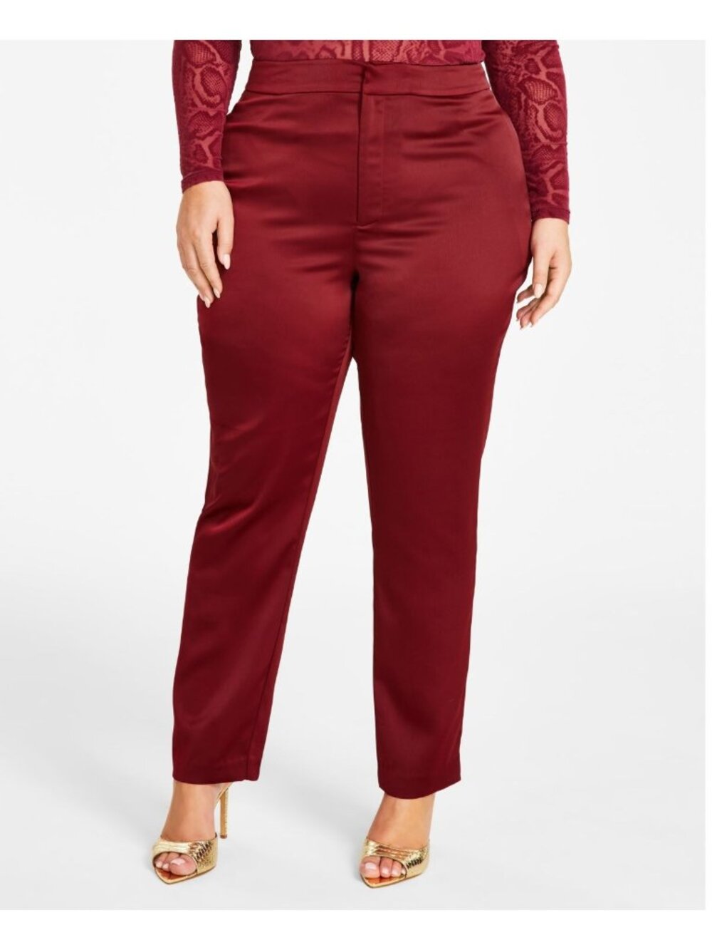 Nina Parker Womens Plus Satin High Rise Straight Leg Pants Red Size 14W NWT